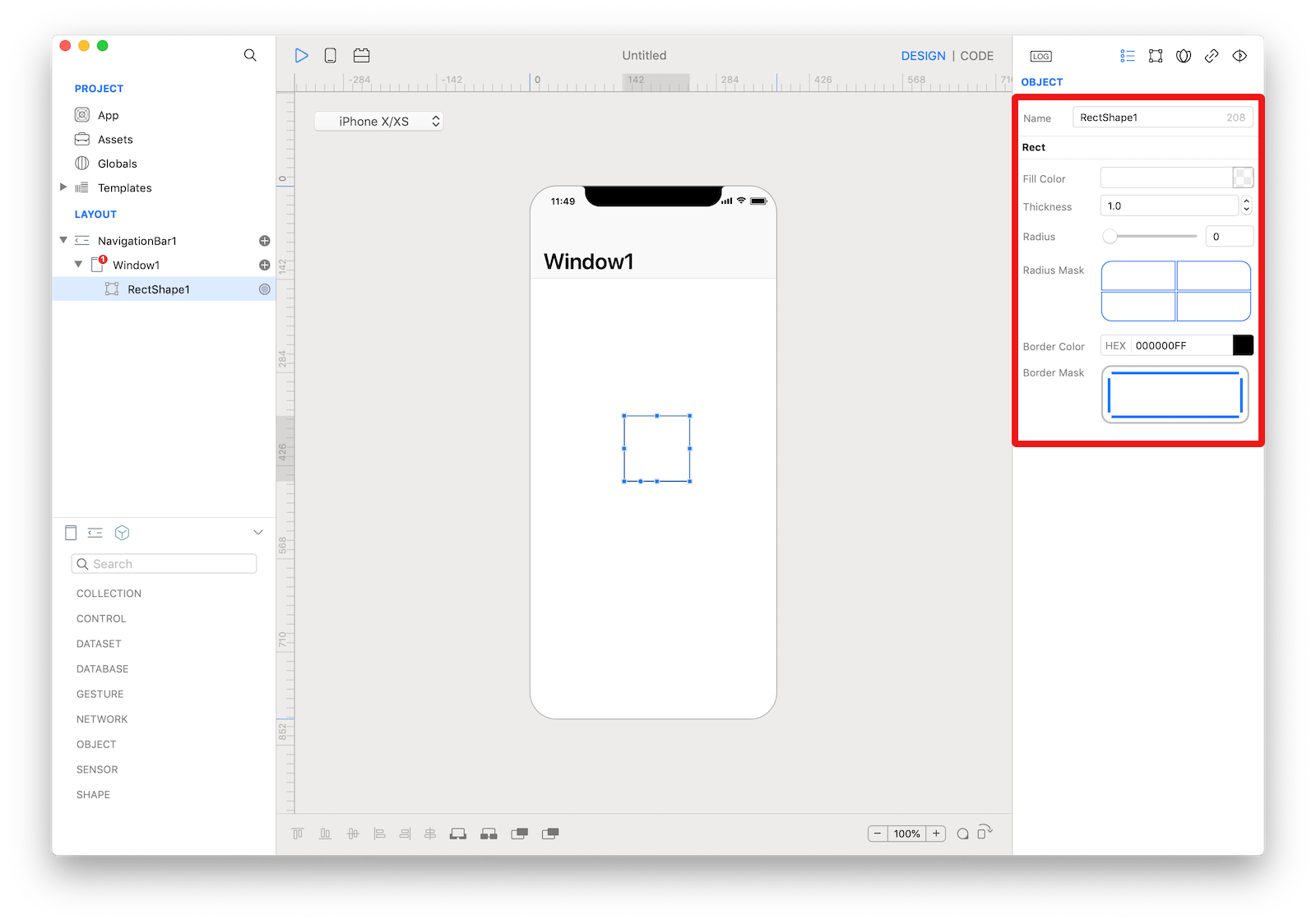 `RectShape` inspector